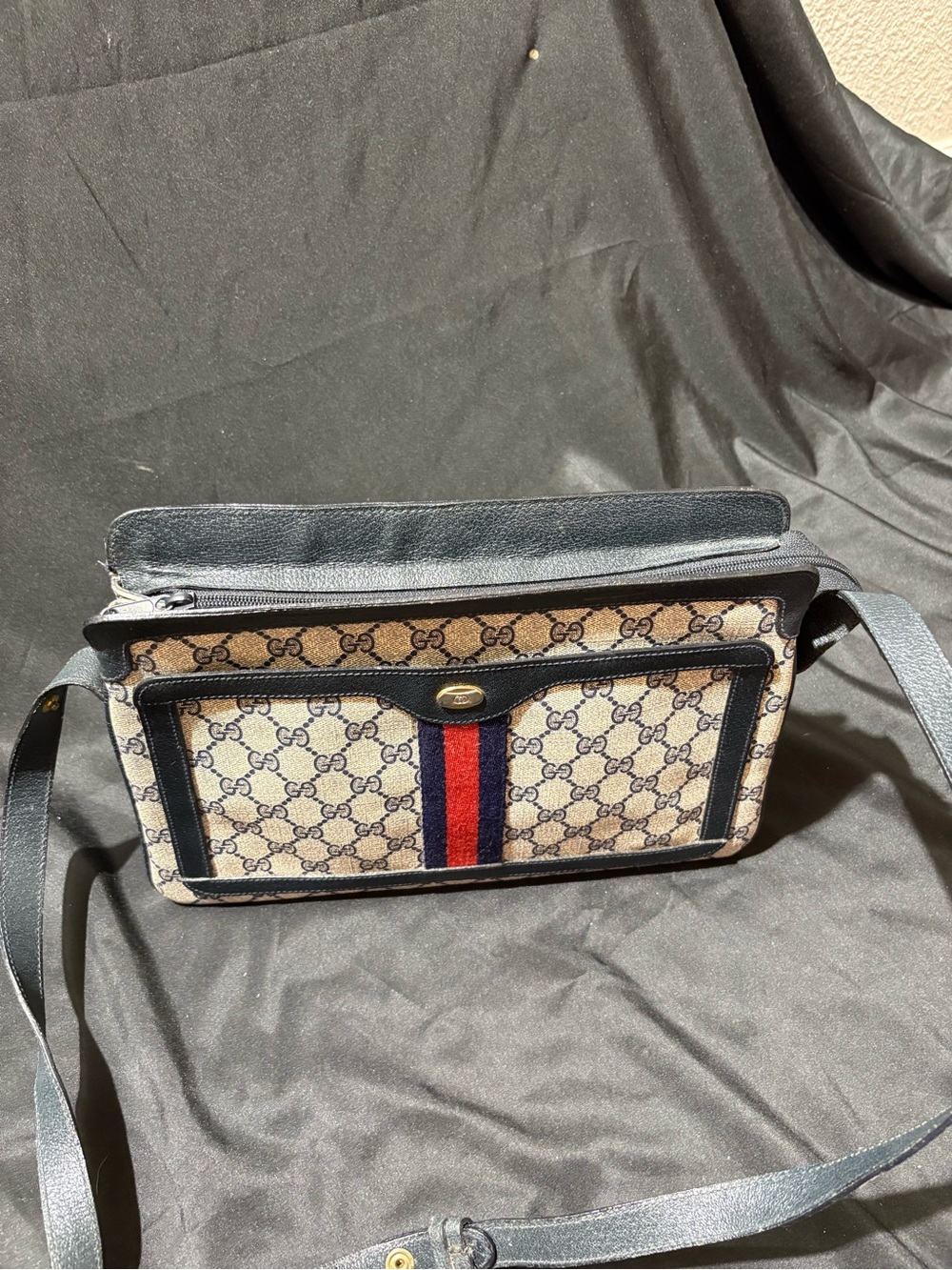 Gucci Navy Trim GG Supreme Shoulder Bag with Red and Blue Web Stripe - Picture 10 of 11